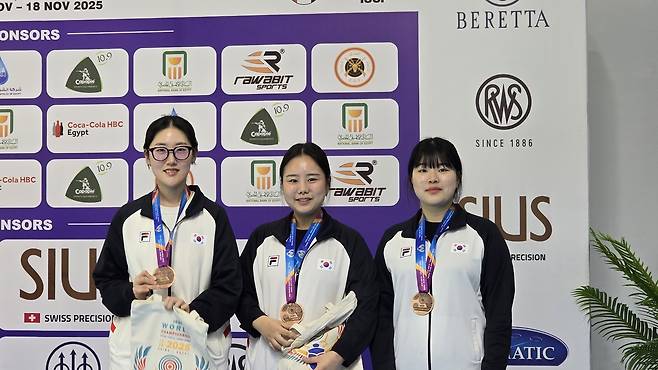 여자 권총 단체전 동메달을 딴 양지인, 김보미, 오예진(왼쪽부터)  [장갑석 감독 제공. 재판매 및 DB 금지]