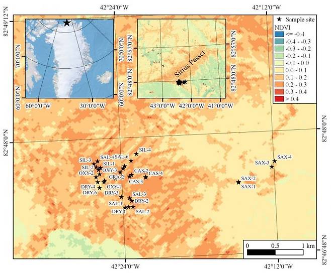 북그린란드 Sirius Passet 위치 및 식생 지도(NDVI map). 극지연구소 제공