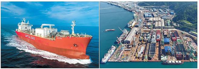 HD현대미포에서 국내 최초로 건조 중인 세계 최대 규모(2만2000㎥급)의 액화이산화탄소 운반선이 내년 초 인도를 앞두고 해상에서 시운전을 하고 있다. 오른쪽 사진은 HD현대미포 야드(작업장) [HD현대 제공]