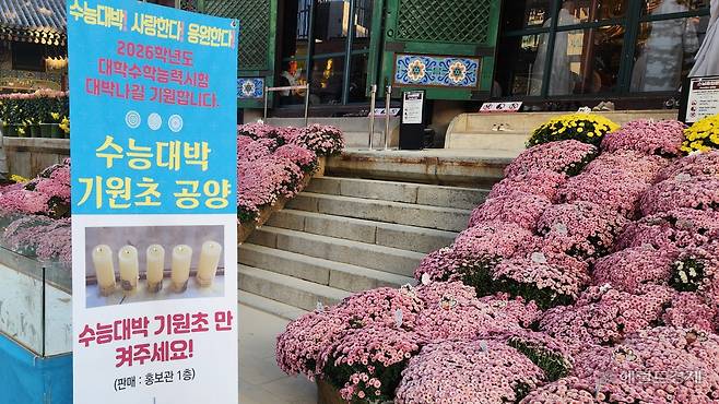 12일 오전 8시께 서울 종로구 조계사 대웅전 앞. 수험생 자녀를 둔 불자들은 이곳을 찾아 ‘수능대박 기원초’를 공양하고 기도했다. 안효정 기자.