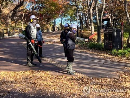'작업 중단' (서울=연합뉴스) 서윤호 인턴기자 = 10일 오전 서울 남산공원에서 낙엽 청소 중 신호수가 시민으로 인한 작업 중단을 알리고 있다. 기자를 포함한 작업자들이 잠시 숨을 돌렸다. 2025.11.10