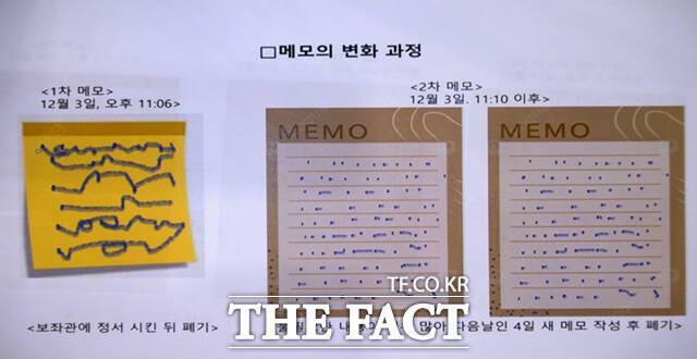 홍장원 전 국가정보원 1차장이 지난 2월 서울 종로구 헌법재판소에서 열린 윤석열 전 대통령 탄핵심판 10차 변론기일에 증인으로 출석해 국회 측 변호인의 질의에 답하는 가운데, 홍 전 차장이 작성한 체포 명단 메모가 화면에 보이고 있다. /헌법재판소