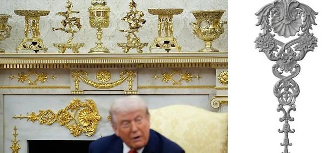 도널드 트럼프 미국 대통령이 취임 후 공들여 바꾼 백악관의 황금 장식(왼쪽)이 미국의 대표적인 건축 자재 할인 매장인 '홈디포'의 58달러짜리 제품과 똑같다는 주장이 제기됐다. /X