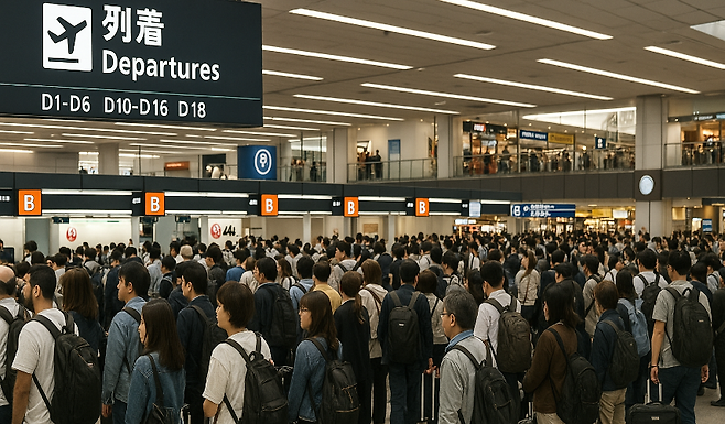 일본 공항 출국장. 관광객 증가로 혼잡이 반복되는 현장을 상징적으로 담은 편집 이미지.