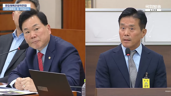 국민의힘 김승수 의원(사진 왼쪽)이 국회 문화체육관광위원회 국정감사에 증인으로 참석한 대한축구협회 문진희 심판위원장에게 질의하고 있다. 사진=국회방송 캡처
