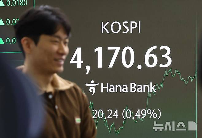 [서울=뉴시스] 황준선 기자 = 코스피가 전 거래일(4150.39)보다 20.24포인트(0.49%) 상승한 4170.63에 장을 마친 13일 오후 서울 중구 하나은행 본점 딜링룸 전광판에 지수가 보이고 있다. 2025.11.13. hwang@newsis.com