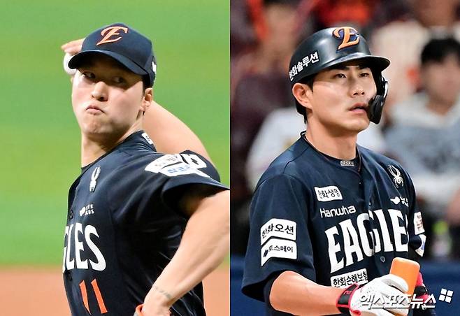 2024시즌 종료 후 나란히 KT 위즈를 떠나 한화 이글스로 FA 이적했던 투수 엄상백(왼쪽)과 내야수 심우준. 사진 엑스포츠뉴스 DB