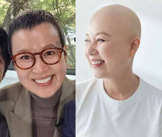 박미선이 공개한 '유퀴즈' 출연 사진 및 삭발 화보.
