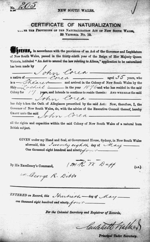 호주 최초의 한인 이민자 존 코리아의 시민권. 푸른숲 제공