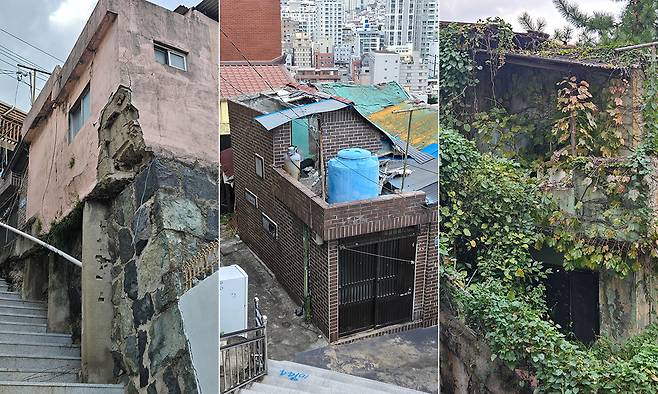 국내 ‘제2의 도시’인 부산도 빈집 문제가 심각하다. 왼쪽부터 부산 서구 아미동 언덕길에 있는 빈집 벽면이 떨어져 나간 모습, 지붕이 내려앉은 남부민동 빈집과 인근 또 다른 빈집 모습.