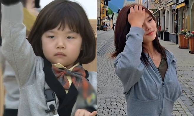 ‘슈퍼맨이 돌아왔다’ 당시 설아(왼쪽)와 현재 설아의 모습.&nbsp;유튜브 채널 ‘KBS Entertain’, 이수진 인스타그램 캡처