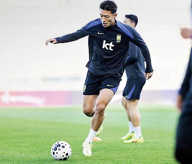 조규성이 지난 12일 천안의 대한민국 축구종합센터에서 축구대표팀 훈련을 소화하고 있다. 대한축구협회 제공