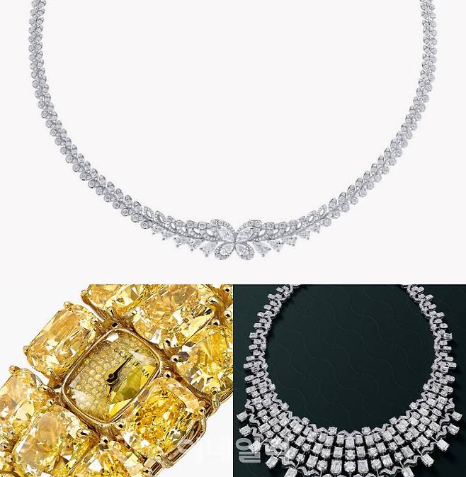 그라프의 버터플라이 다이아몬드 네클리스(윗줄)과 하이엔드 주얼리 제품들 (사진=그라프 홈페이지 캡처).jpg