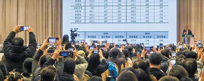 어느 대학 보내야 할까 수능 이튿날인 14일 오후 서울 광진구 세종대학교 컨벤션센터에서 입시 업체 종로학원이 ‘2026학년도 정시 합격점수 예측 및 전략 설명회’를 열었다. 화면에 대학·학과별 합격 커트라인 예상치가 공개되자 학부모들이 휴대전화로 일제히 촬영하고 있다. 이날 설명회에는 3000명이 참석했다./박성원 기자