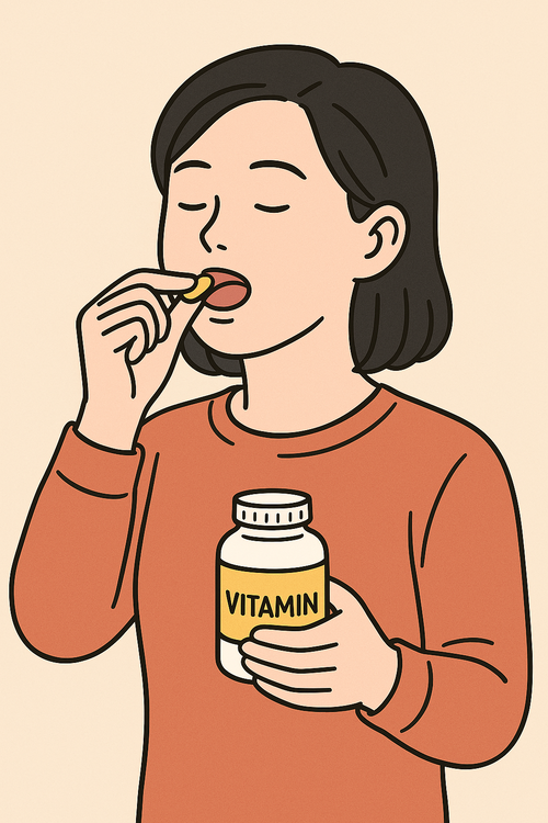 신체의 면역력을 높이기 위해 비타민을 섭취하는 여성의 모습을 키워드로 생성AI가 그린 그림. [챗GPT]