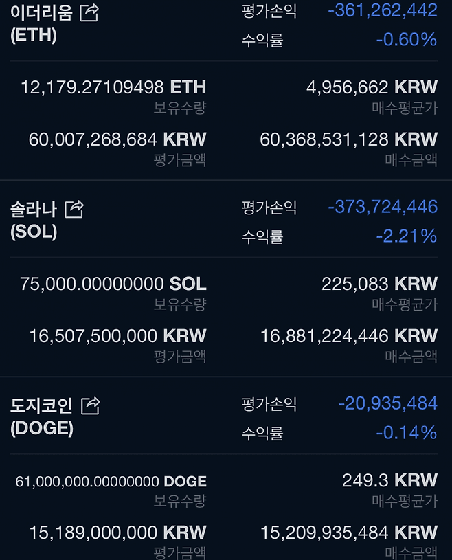 ‘워뇨띠’가 디시인사이드 차트갤러리에 올린 암호화폐 자산현황 화면 [온라인 커뮤니티 갈무리]