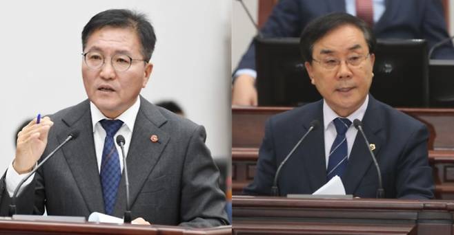 지난 14일 444회 정례회 도정질문에서 하성용 제주도의회 의원(더불어민주당·안덕면.왼쪽)과 양병우 의원(더불어민주당·대정읍)이 제주영어교육도시에 대해 질의하고 있다.