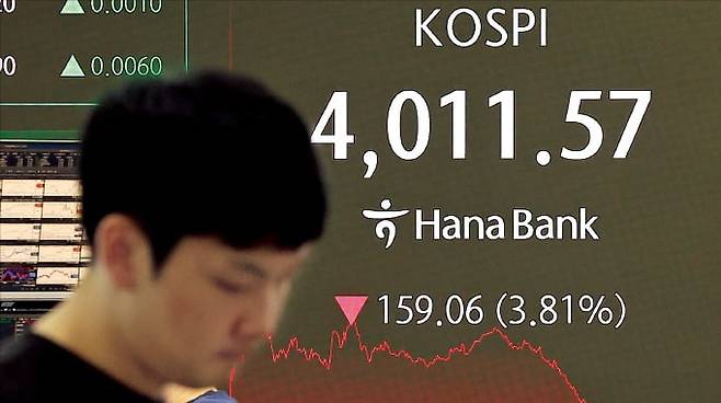 직전 거래일 14일 오후 서울 을지로 하나은행 본점 딜링룸 전광판에 증시 종가가 표시돼 있다. 이날 코스피지수는 3.81% 떨어진 4011.57로 장을 마감했다. /사진=뉴스1