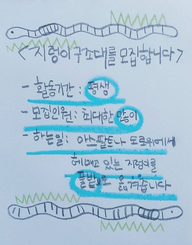 지렁이 구조대 모집글. 어년씨 제공