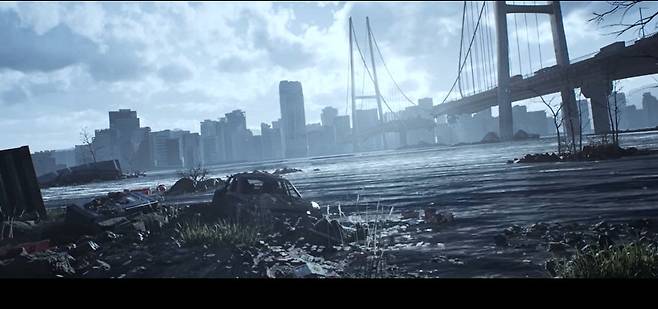 게임 ‘신더시티’의 트레일러 영상 속에는 서울의 상징 한강이 폐허가 된 모습으로 등장한다.  엔씨소프트 제공