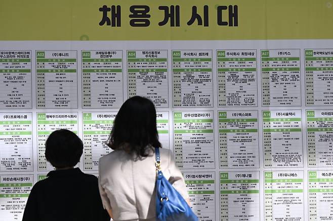 구직자들이 지난 9월 서울 영등포구 FKI타워에서 채용 게시대를 살펴보고 있다. 윤웅 기자