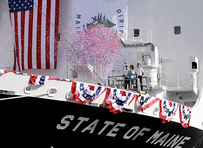 지난 8월 26일(현지시간) 미국 필라델피아 한화 필리조선소에서 열린 ‘스테이트 오브 메인’호 명명식. [연합]