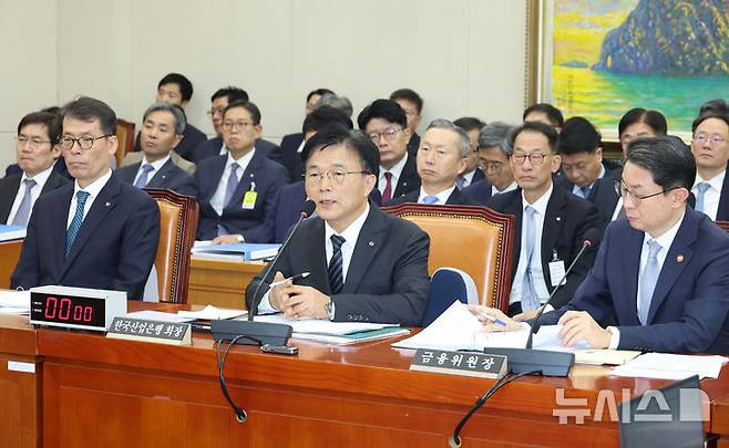 [서울=뉴시스] 고승민 기자 = 박상진 한국산업은행 회장이 20일 서울 여의도 국회에서 열린 정무위원회의 금융위원회, 한국산업은행 등 국정감사에서 의원 질의에 답하고 있다. 2025.10.20. kkssmm99@newsis.com
