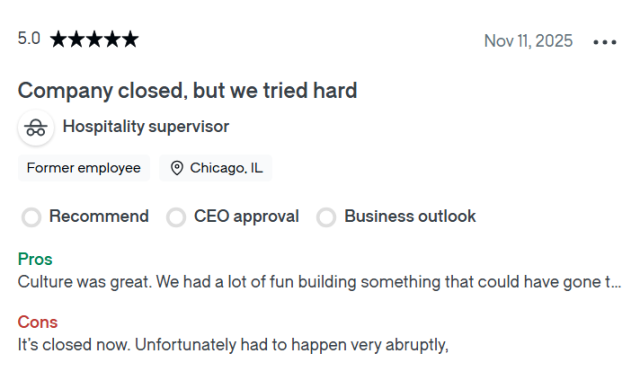 미국 기업 평가 플랫폼인 GLASSDOOR에 손더 직원이 파산에 대해 “불행하게도 너무 갑작스럽게 벌어진 일”이라고 남겼다. GLASSDOOR 캡처