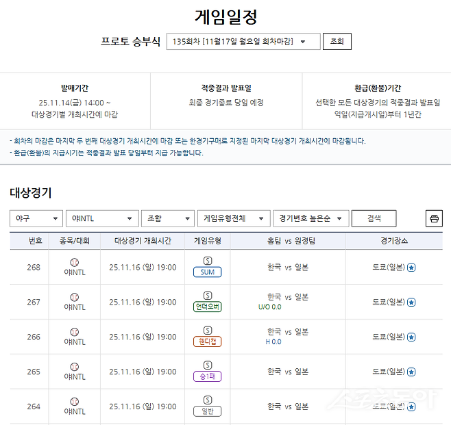 스포츠토토 프로토 승부식 한국-일본전 게임 안내.