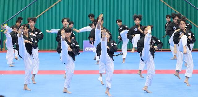 제21회 무주 웰빙 태권도 축제 참가 선수들이 경연을 펼치고 있다. 조현욱 기자