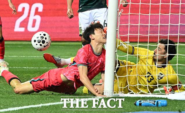 14일 대전월드컵경기장에서 열린 한국과 볼리비아의 축구 A매치 평가전에서 전반 10분 이재성이 골대에 부딪히는 찰나 기예르모 비스카라 볼리비아 골키퍼가 손으로 머리를 막아주고 있다. /대전월드컵경기장=박헌우 기자