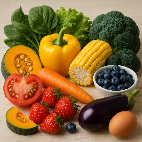 색이 확실히 정해진 음식은 각각 눈에 좋은 기능을 가지고 있다. 사진은 AI로 생성한 이미지로, 본 기사 내용과 무관. [사진=챗GPT]