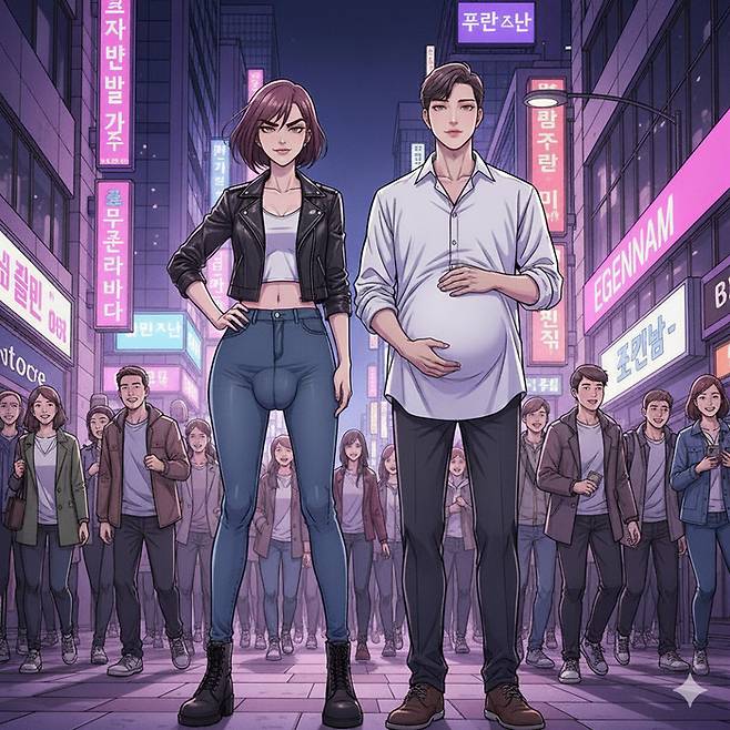 대도시 번화가에 등장한 ‘고환성 여성’ 테토녀와 ‘잉태 남’ 에겐남을 제미나이가 그려주었다. 83회째 연재하며 처음으로 편집자에게 야단맞을지도 모르겠다.