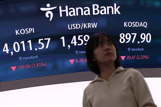 코스피가 뉴욕증시 급락 여파로 3% 이상 하락한 지난 14일 서울 중구 하나은행 본점 딜링룸 현황판에 코스피 지수가 표시돼 있다. [연합]