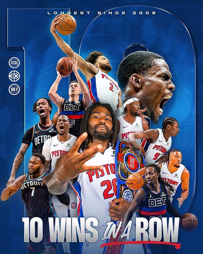 NBA 디트로이트가 2008년 이후 처음으로 10연승을 질주하며 시즌 12승 고지에 선착했다. 사진=디트로이트 SNS