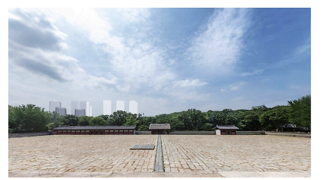 종묘 정전 상월대에서 세운지구를 바라본 시뮬레이션(사업시행계획 인가 완료된 구역 포함). 서울시 제공.