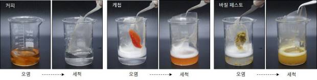 필름에 화학 코팅이 포함되지 않아 각종 오염 발생 시 손쉽게 세척할 수 있음을 증명하는 실험 이미지.사진=국립금오공대 제공