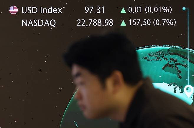 ▲ 서울 중구 하나은행 본점 딜링룸 현황판에 표시된 나스닥 종합지수 [연합뉴스]