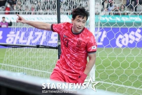 이태석이 지난 18일 서울월드컵경기장에서 열린 한국 대 가나의 '하나은행 초청 축구 국가대표팀 친선경기' 11월 두 번째 A매치에서 골 세리머니를 하고 있다. /사진=김진경 대기자