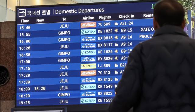 에어부산, 진에어, 대한항공의 김포~김해 운항 편수가 전년 동기 대비 238편(18%) 감소한 것으로 나타났다. 19일 오후 부산 김해국제공항 국내선 청사에 탑승 항공편이 안내되고 있다. 김종진 기자 kjj1761@