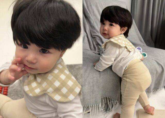 여전히 풍성한 하루의 머리숱. 배냇머리를 민다고 머리숱이 늘어나진 않는다. 사진=사야 SNS