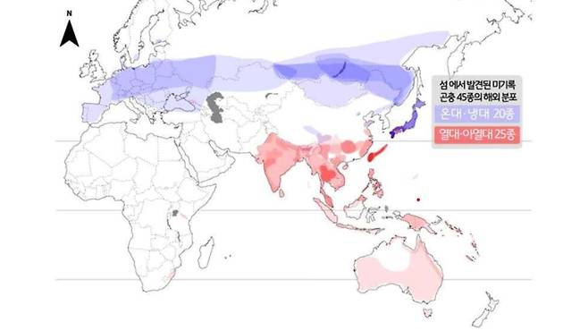 섬에서 발견된 미기록종 곤충의 해외 분포도