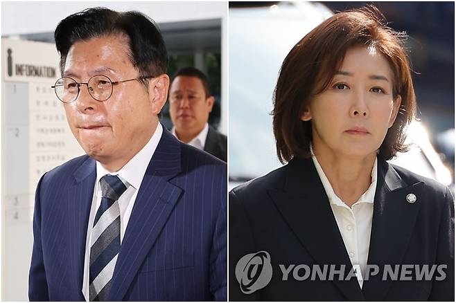 자유와혁신 황교안 대표(왼쪽)와 국민의힘 나경원 의원이 지난 9월 15일 서울 양천구 서울남부지방법원에서 열린 ‘국회 패스트트랙(신속처리안건) 충돌 사건’ 1심 결심 공판에 출석하고 있다. [연합뉴스]