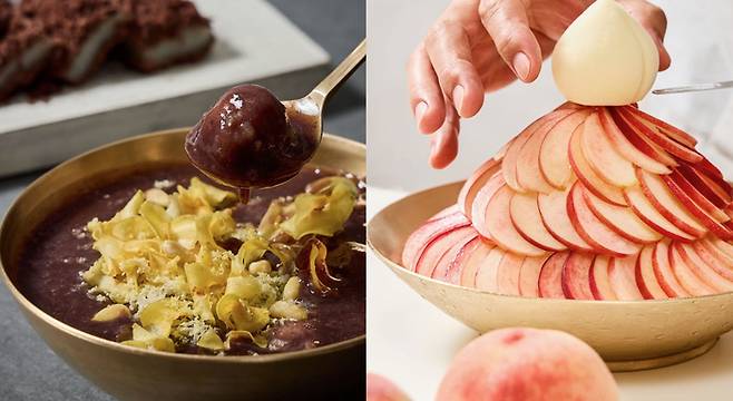 (왼쪽부터) 하우스오브신세계 헤리티지 디저트살롱의 팥죽. 하우스오브신세계 헤리티지 디저트살롱의 복숭아빙수.