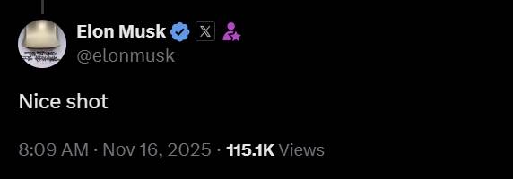 일론 머스크가 자신의 엑스(X)에 “멋진 사진(Nice shot)”이라는 글을 올리며 작품을 칭찬한 게시물. 일론 머스크 엑스