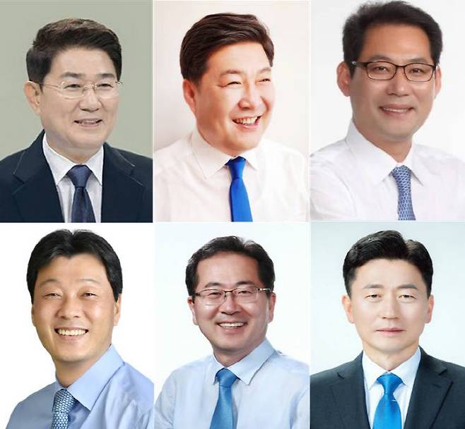 위 왼쪽부터 노관규 순천시장, 오하근 전 순천시장 후보, 손훈모 변호사. 아래 왼쪽부터 서동욱 전남도의원, 허석 전 순천시장, 이성수 진보당 전남도당위원장.