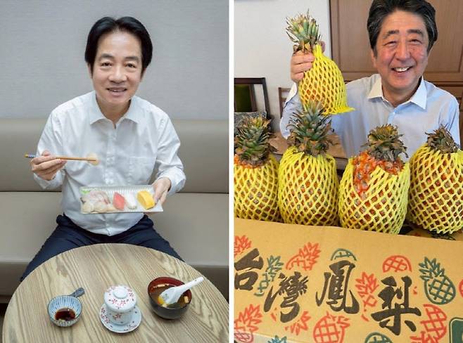라이칭더 대만 총통의 ‘초밥 인증샷’과 아베 신조 전 총리의 ‘파인애플 인증샷’. (사진=연합뉴스/페이스북)