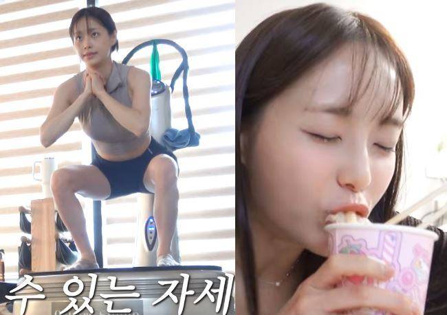 츄가 파워플레이트 운동을 하고 있는 모습. 스케줄을 마친 뒤에는 쌀국수를 먹었다. 사진=유튜브 채널 '지켜츄' 영상 캡처