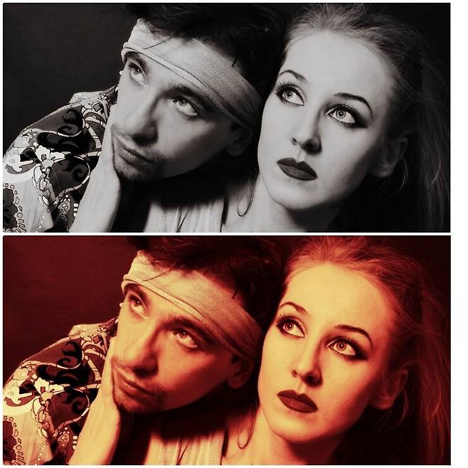 원본 흑백 사진과 원본을 기반으로 나노 바나나 프로가 색보정한 이미지. 암부는 붉은색 계열, 명부는 노란색 계열로 색보정을 하라고 지시했다. 원본은 클립아트코리아 제공