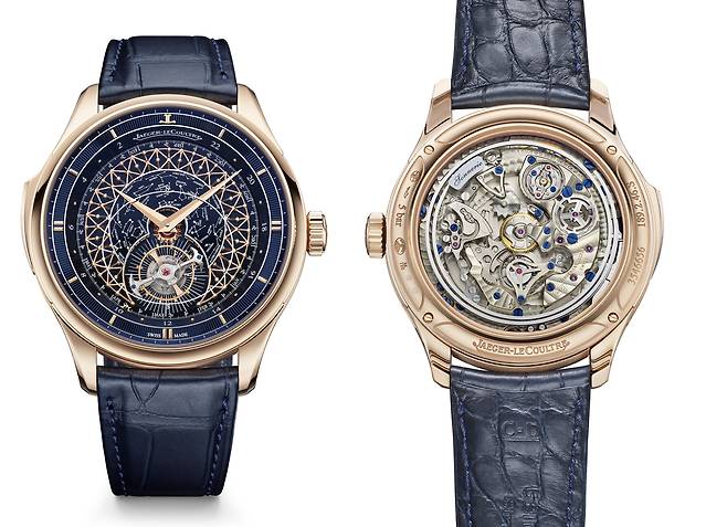 마스터 히브리스 아티스티카 칼리버 945의 앞뒷면. 차임 장치인 사파이어 크리스털 공이 무브먼트를 감싼 구조다. 사진 예거 르쿨트르